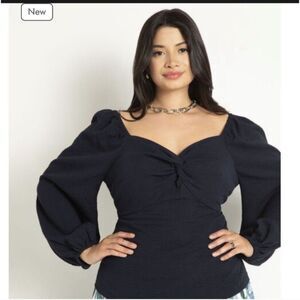 Eloquii Sweetheart Neck Blue Top Long Puff Sleeve Ruched Bust Women’s Blouse 14